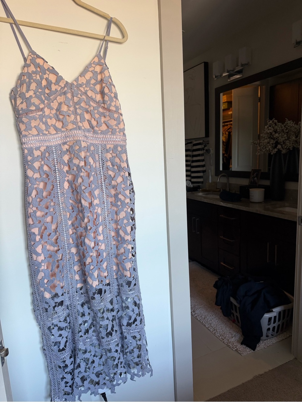 Elliatt Dusty Blue Lace Maxi Dress with Blush Lining